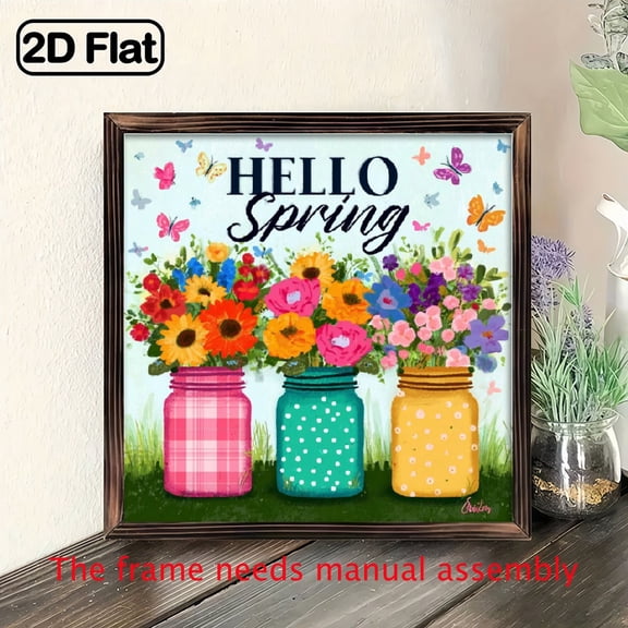 1pc Country Cottage Wooden Frame Decorative Sign - 8x8 Inch Rustic Farmhouse Wall Art with Hello Spring Floral Mason Jar Design, Vintage Pastoral Painting for Home, Cafe, Office Decor - No Electrici