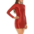 thumbnail image 3 of RUNQHUI Robe Moulante à Manches Longues Brillante pour Femmes Col Montant Lisse Extensible Mini Robes Bourgogne L, 3 of 6