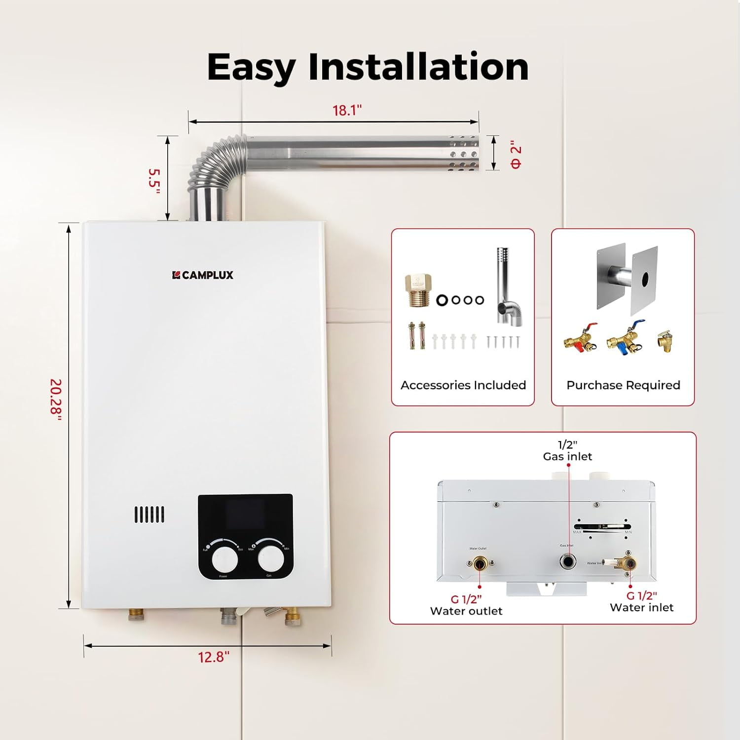 CAMPLUX  2.64 GPM 68, 000 BTU Natural Gas  Tankless Water Heater On Demand Water heater for Shower with Vent Pipe