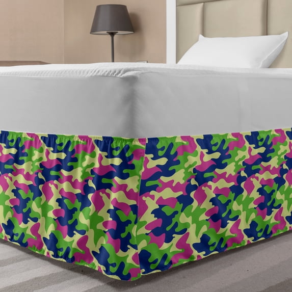 Abstract Bed Skirt, Camouflage Style Pattern with Vibrant Tones Modern Design Wavy Shapes Arrangement, Elastic Bedskirt Dust Ruffle Wrap Around for Bedding Decor, 4 Sizes, Multicolor, by Ambesonne