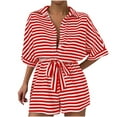 thumbnail image 5 of Sakmal Dressy Womens Summer Rompers Short Sleeve Red Collared Shirt Short Jumpsuits Striped Rompers with Belt, 5 of 5