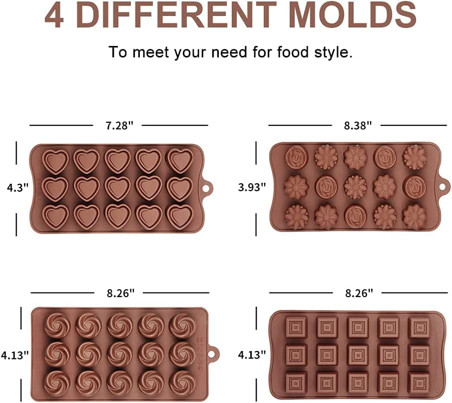 Emlimny 4 Pack Silicone Chocolate Molds Set, Food Grade Non-Stick Chocolate Bar Mold , Butter, Resin, Cupcake - Assorted Shapes, DIY Chocolate Candy Molds Silicone Kitchen Tools, BPA Free