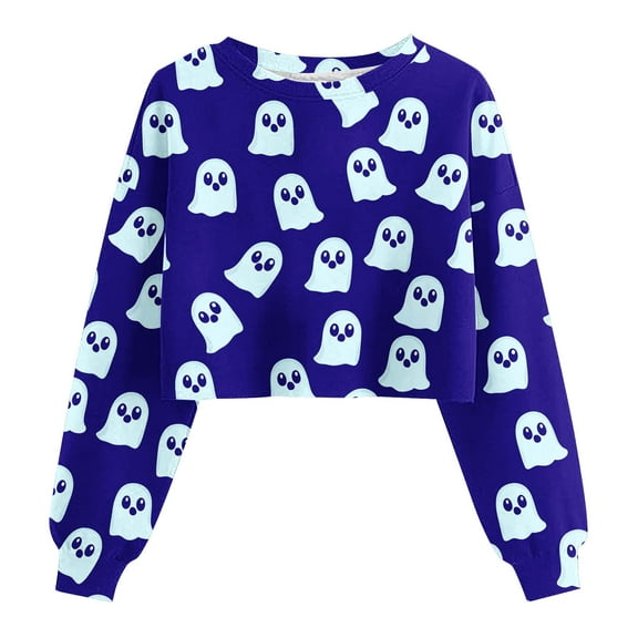 Moxiu Halloween Ghost Sweaters for Women Crop Sweatshirt 2025 Fall Halloween Lantern Long Sleeve Pullover Spooky Season Sweatshirt Dark Blue,L