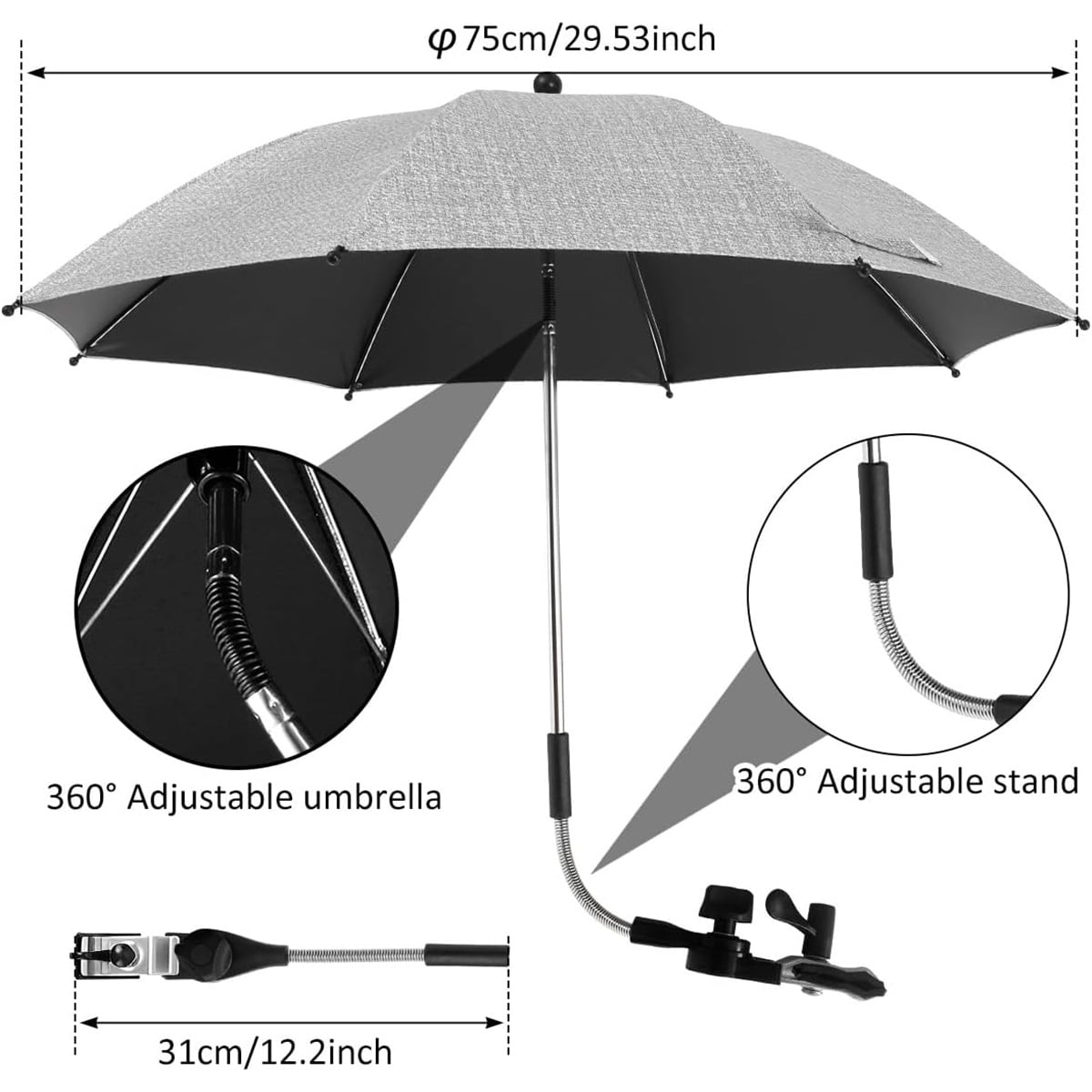 Sugagale Adjustable Sun Shade Umbrella with Clamp for Strollers, Beach Chairs, and Wheelchairs - Foldable Travel Umbrella for Toddlers
