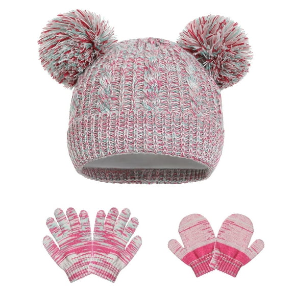 Toddler Winter Hat Gloves Sets Boys Girls Cable Knit Pompom Beanies Hats 2 Piece Mittens Cold Weather Warm Matching Set