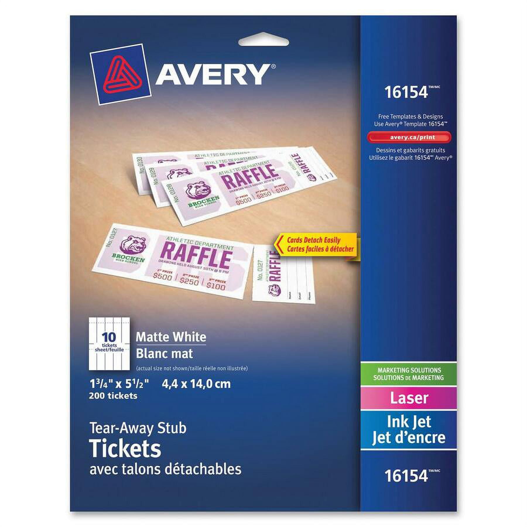 Avery® Perforated Raffle Tickets With Tear-away Stubs - 2-sided Printing - 1 3/4" X 5 1/2" Length - Laser, - Matte White - 20 / Sheet - 1000 / Carton