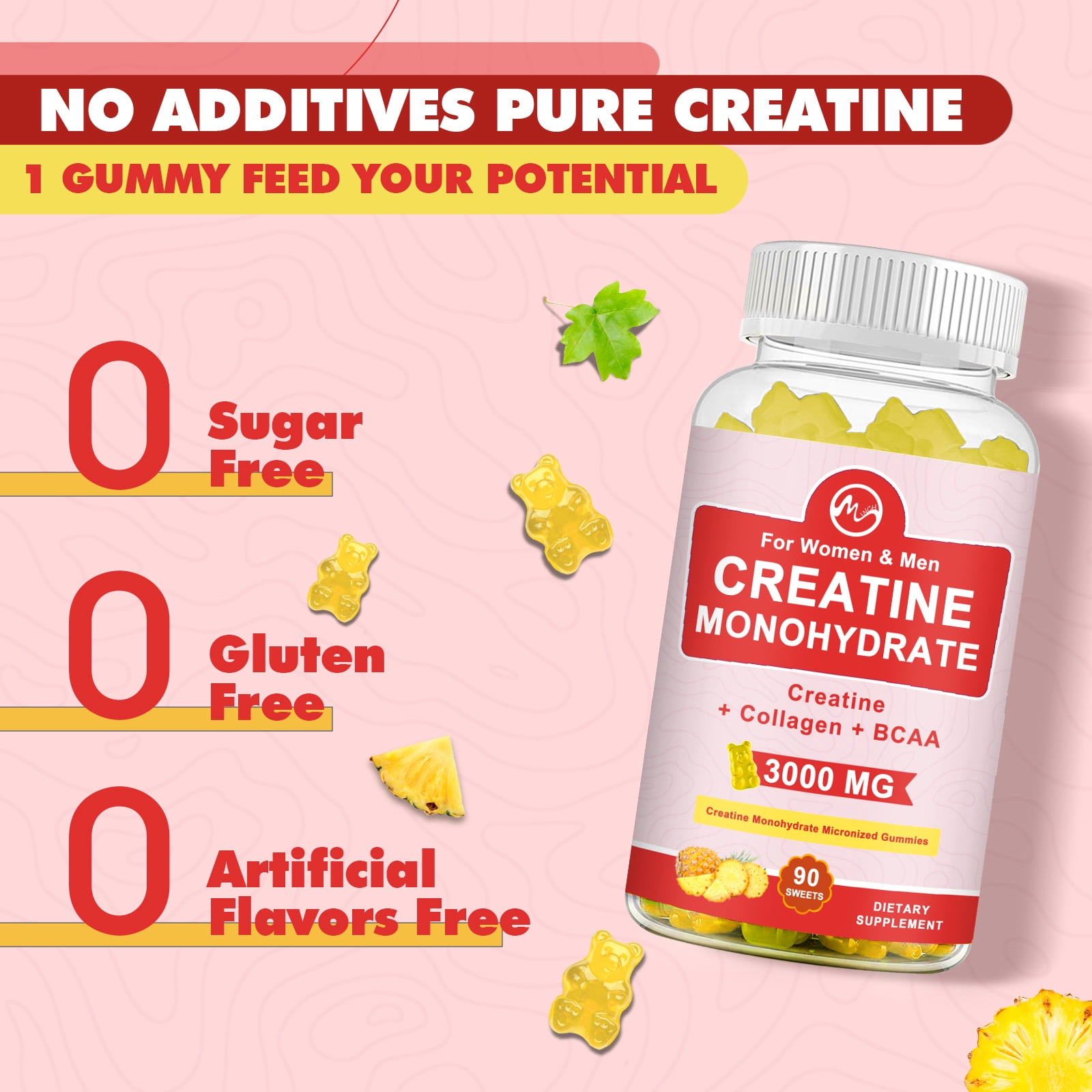 Creatine Monohydrate Gummies,Creatine Monohydrate Supplement for Men & Women,60 Pineapple Gummies(2 Pack)