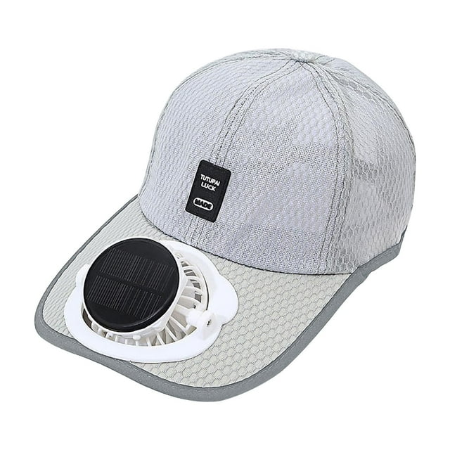 Grey Solar Charging Fan Hat Breathable Mesh Sun Protection Usb Rechargeable 1000Mah Battery 5.9X4.7 Inch Adjustable 360 Rotation Removable Fan For Outdoor Use