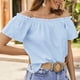 thumbnail image 3 of Top de verano para mujer, Top informal holgado con hombros descubiertos, manga corta, Top con ribete de volantes para mujer, azul claro XXL, 3 of 6