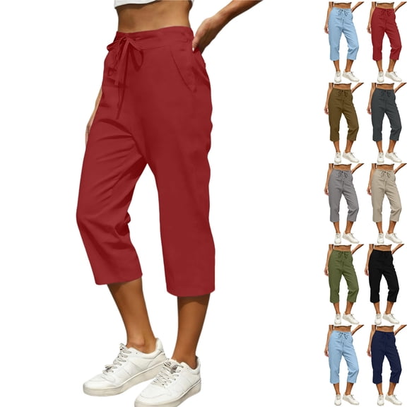 Capri Pants for Women Lightweight Elastic Waist Drawstring Pull On Casual Summer Capris Cropped Pants with Pockets S-2X