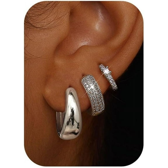 14K gold-plated chunky hoop earrings, hypoallergenic silver earring set, suitable for sensitive ears, stackable, 3 pairs