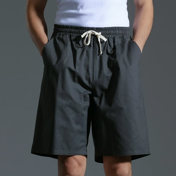 KIHOUT Men's 100% Cotton Knee-Length Shorts - Drawstring Elastic Waist, Side Pockets, Wide-Leg Casual Shorts for Summer Daily Wear and Outdoor Activities