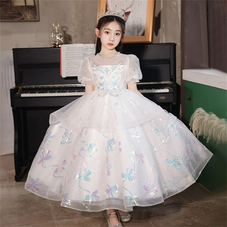 Coerni Girls Bubble Sleeve Prom Gowns Pageant Evening Gown Wedding Part  Dresses Sequine Tulle Tutu Princess Dress - Walmart.com