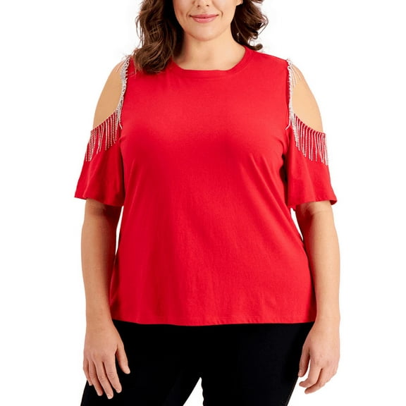 Inc International Concepts Women's Rhinestone Fringe Cold-Shoulder Top Plus 4X