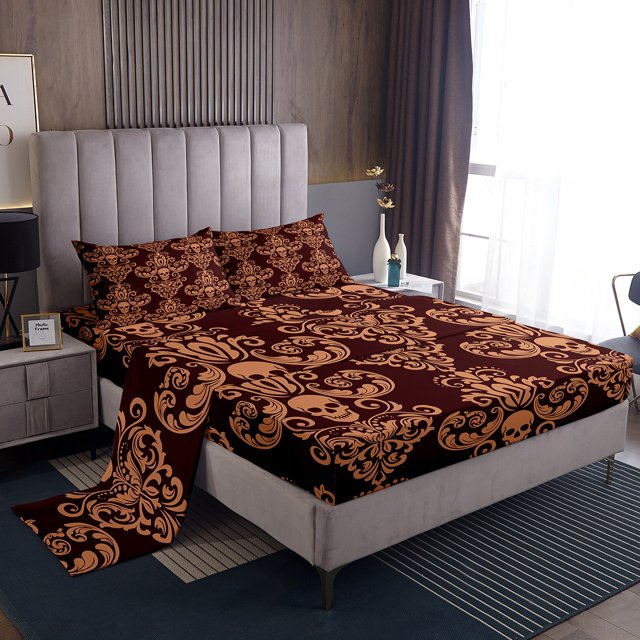 Erosebridal Retro Damask Sheet Set Twin, Boho Skeleton Skull Bedding Sets Twin Size, Bohimian Style Decor 3pcs