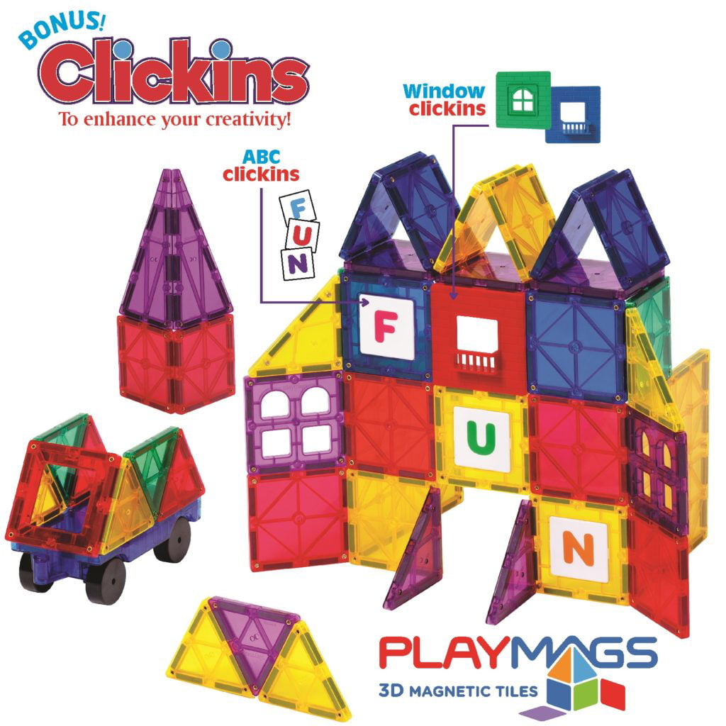 Playmags 32 + 6 Piece Set: Now with Stronger Magnets, Sturdy, Super Durable  with Vivid Clear Color Tiles. 6 piece Clickins Accessories to Enhance your  Creativity - Toys 4 U