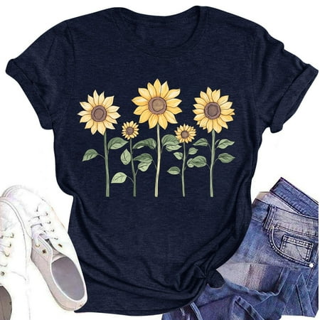 NAMTYQX Shirts for Teens Girls Scoop Neck Baggy Short Sleeve Print Cool Plus Size Stretch Gemusterte Trendy Tops for Women Trendy Summer Navy Size XL