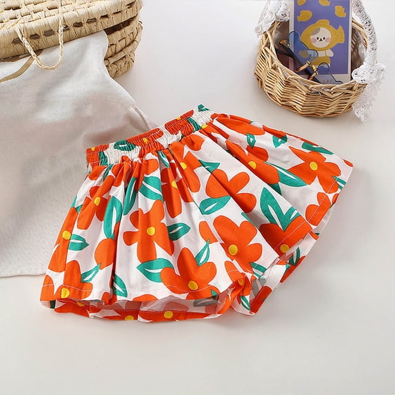 AJGRHE Girls Summer Casual Shorts with Elastic Waist for Outdoor Play Comfortable Knee Above Toddler Short Pants Age 2 to 7 Years Orange 6-7 Years