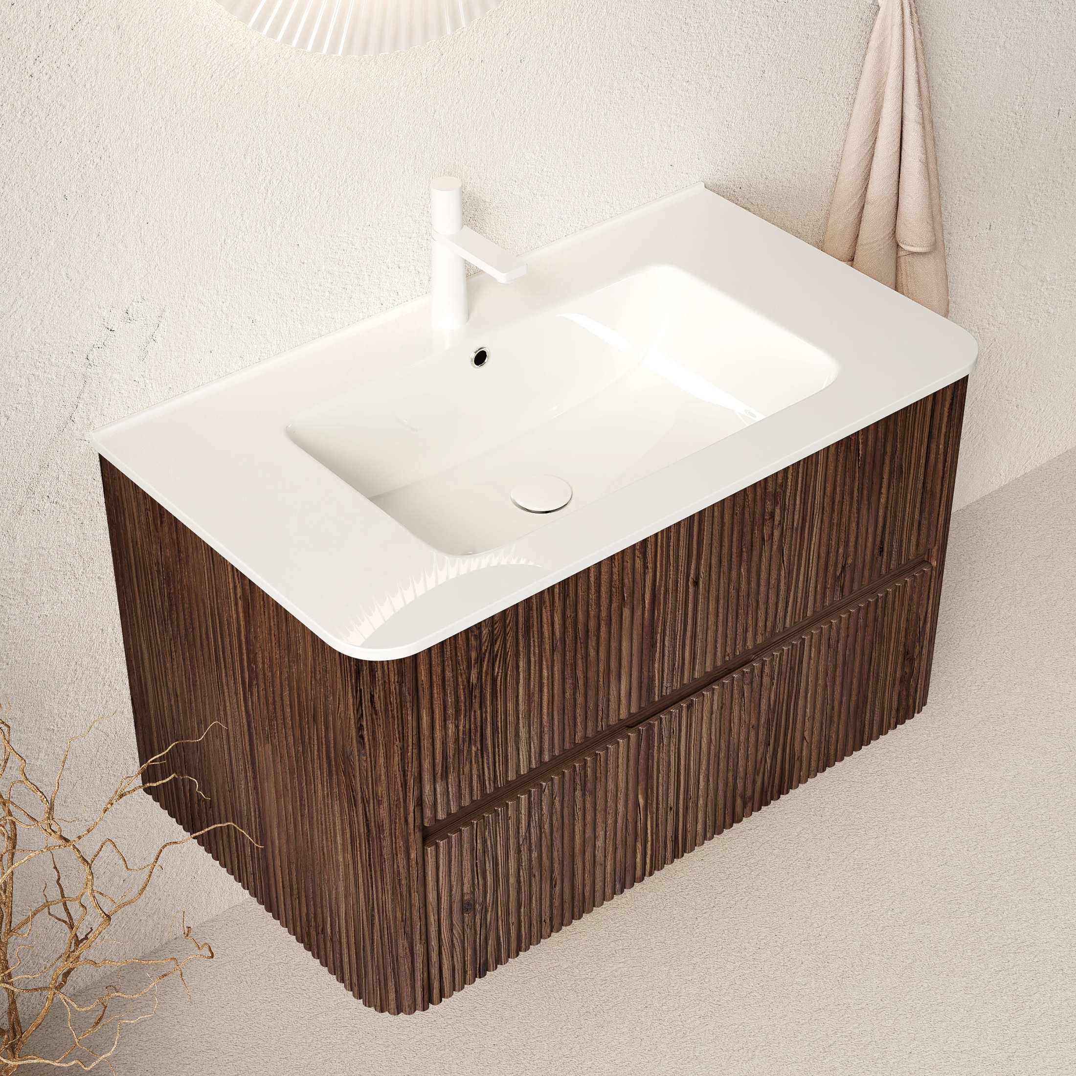 Noble House Noor 36" Floating Bathroom Vanity with Seamless Ceramic Basin, Retro Soft-Close Drawers, Walnut