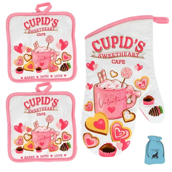 (3) Baked-Design Valentine's Day Oven Mitt and Potholders Sets for Women Men Home Kitchen Dining Baking BBQ Grilling Microwave Cooking Heat Resistant Table Linen Holiday Gift Decoration Supplies