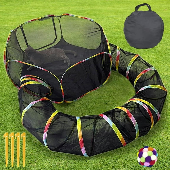 TJOUL Outdoor Cat Enclosure, Portable Cat Tents for Outside with Storage Bag, Outside Cat Playpen Pet Enclosure with Toy Ball, Cat Tunnel Outdoor Playground for Cats & Small Animals