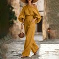 thumbnail image 5 of Szluipve 2 Piece Sets for Women Off‑Shoulder 2 Piece Outfits Puff Long Sleeve Slanted Shoulder Top & High Waist Pleated Wide Leg Pants Casual Vacation Matching Set Yellow XL, 5 of 9