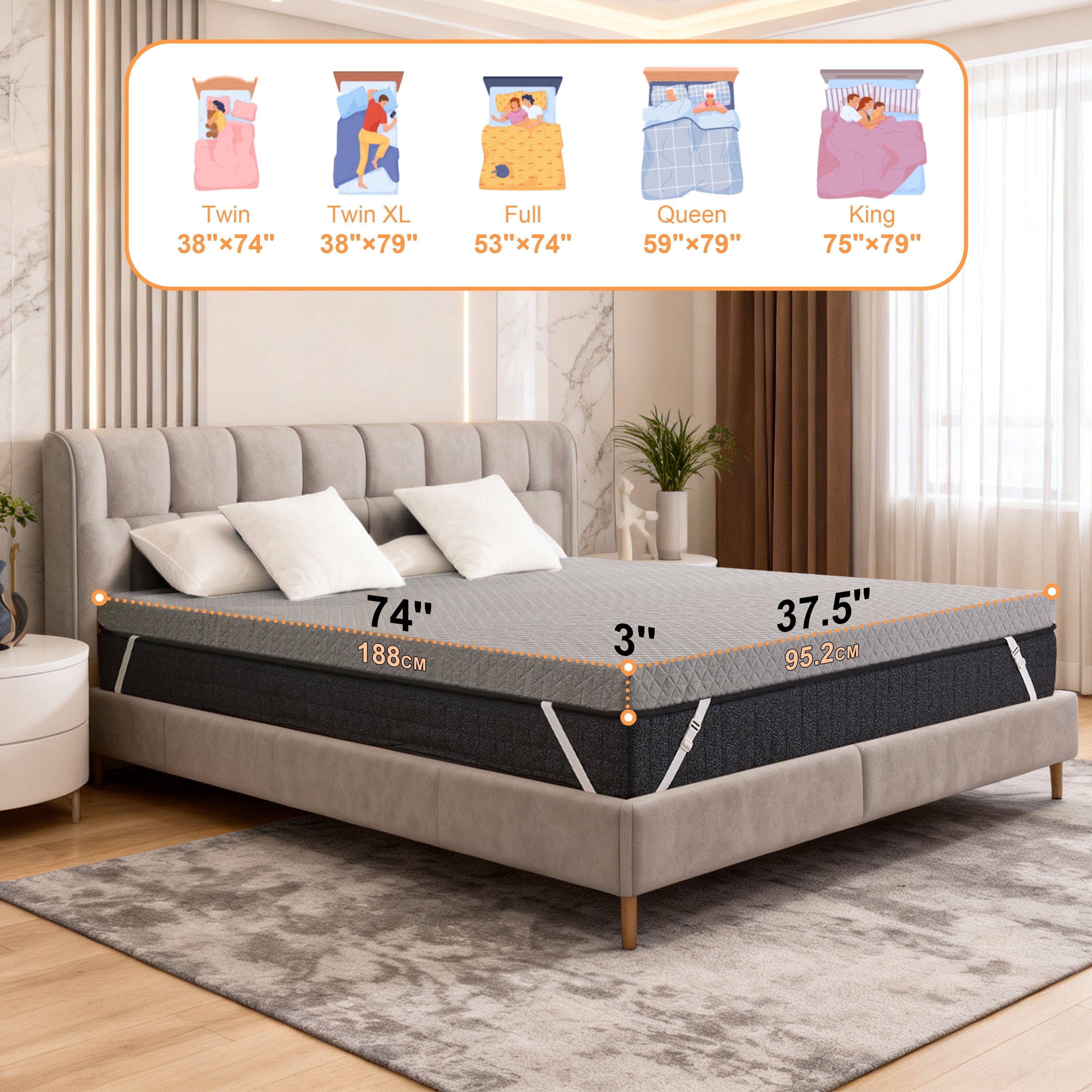 Firm 3 Inch Memory Foam Mattress Topper for Pressure Relief , Non-Slip Design with Removable & Washable Cover, CertiPUR-US Certified