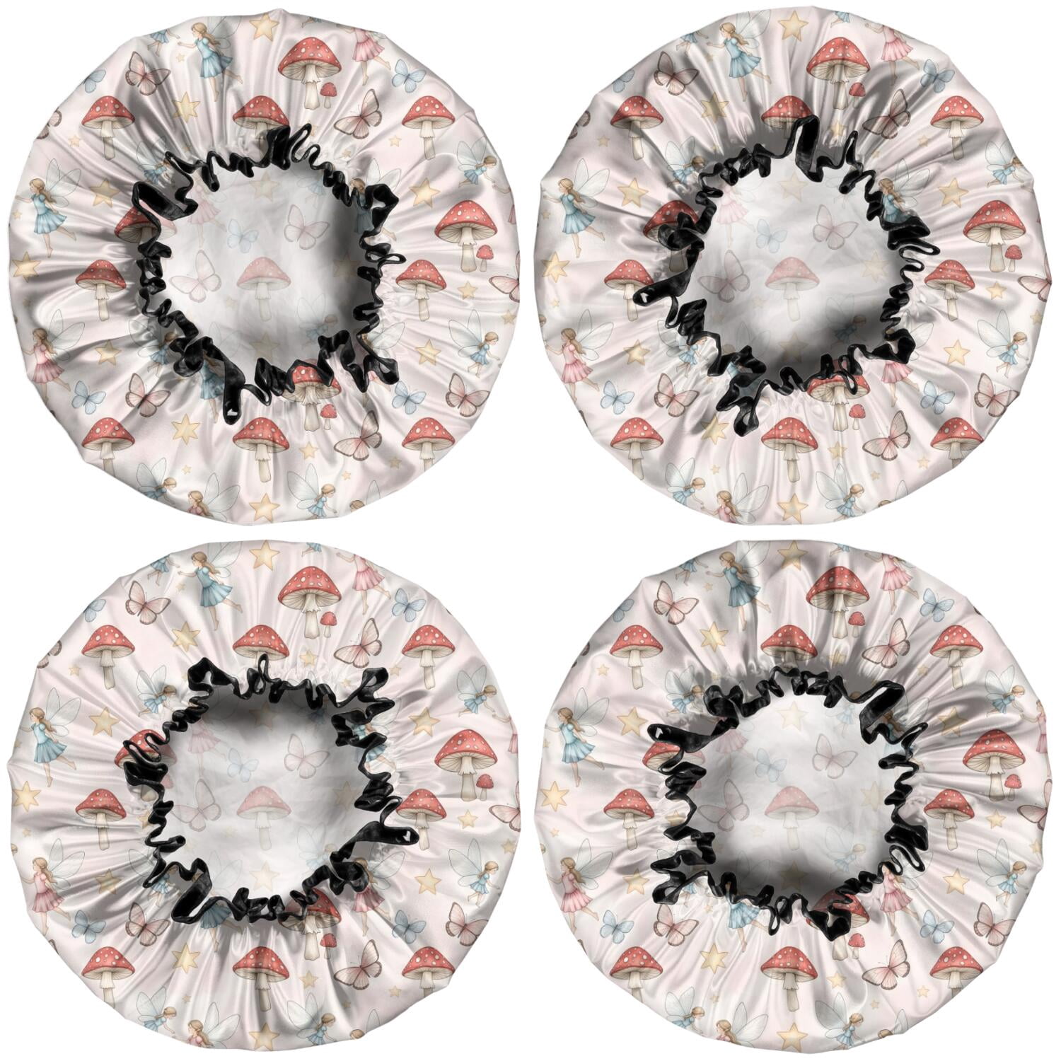 Shower Caps,Mushroom Fairy Princess Pattern Waterproof Shower Cap for Women 4 Pieces,Double Reusable Hair Cover for Shower PEVA Elastic Stretch Hem
