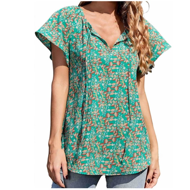 Blusas de gasa con cuello en V y estampado Floral bohemio informal de verano para mujer, blusas de manga corta con cordón Fridja bn6462