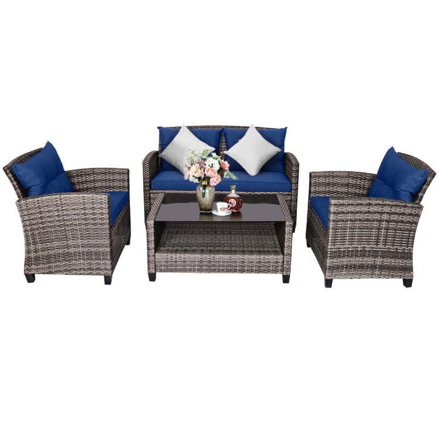 Aimee Lii 4 Pieces Wicker Patio Furniture Set, Coffee Table Cushioned Sofa, Modern Patio Furniture, Gray + Navy Aimee Lii 4 Pieces Wicker Patio Furniture Set, Coffee Table Cushioned Sofa, Modern Patio Furniture, Gray + Navy