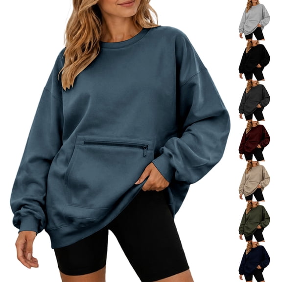 Tqcoqu Women's Crew Neck Oversized Sweatshirt, Long Sleeve Pullover with Zipper Kangaroo Pocket Casual Top