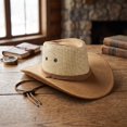 thumbnail image 4 of Unisex Adult Leather Western Cowboy Hat Small Brim Letter Detail Adjustable Chin Strap Cap for Country Festivals and Themed Events and Outdoor Parties Khaki One Size, 4 of 5