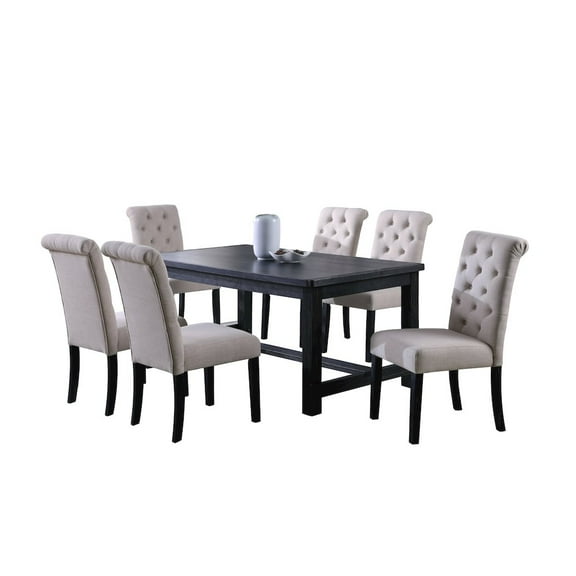 Roundhill Furniture Leviton Antique Black Finished Wood Dining Set, Table with Six Chairs, Tan