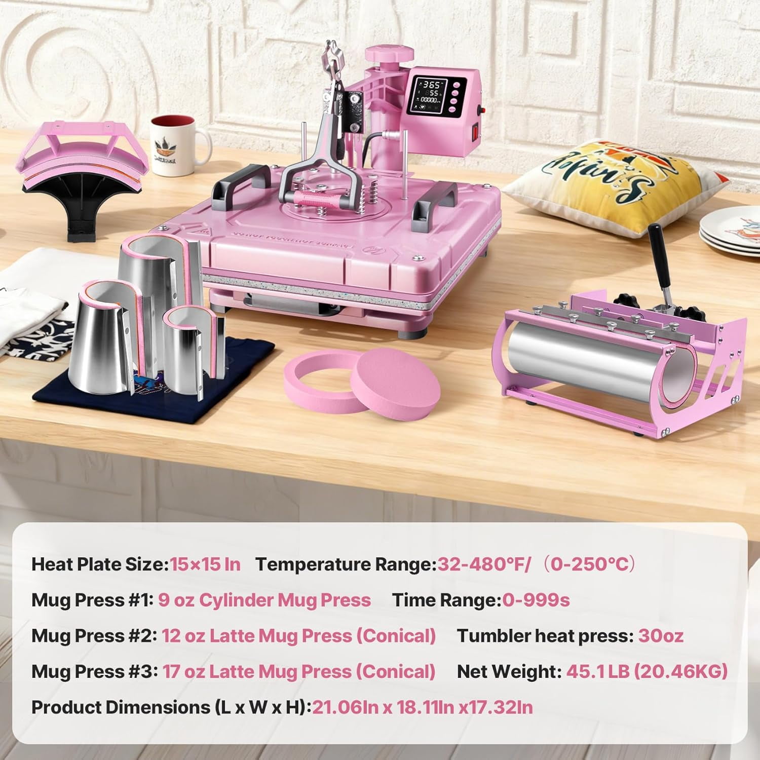 DKMOCO 8 in 1 Heat Press Machine with 30OZ Tumbler press, 15"x15" 360-Degree Swing Away Digital Heat Transfer Sublimation for Mugs Hat Plate Cap T Shirts,Pink