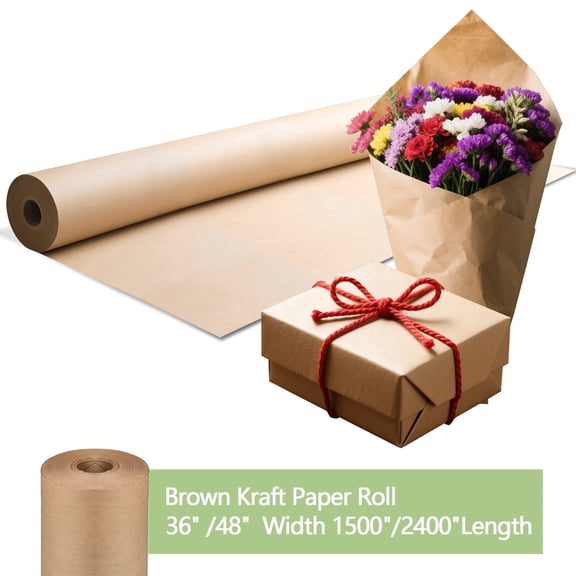 48" × 1500"(125') Kraft Wrapping Paper Roll, Heavy Duty Craft Paper Roll for Craft Bulletin Board, Painting, Packing & DIY, 65GSM, 500 sq ft, Brown