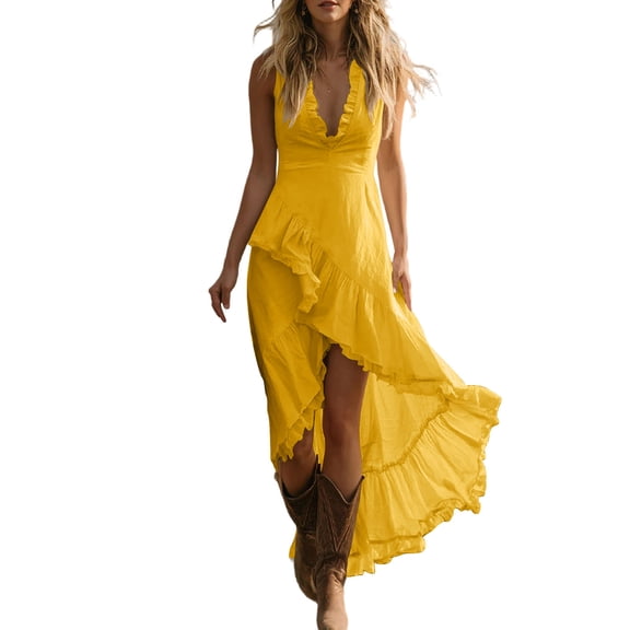 fheaev Halter Dresses for Women Boho High-Low Irregular Hem Sleeveless Flowy A Line Beach Vacation Sundress Yellow XL