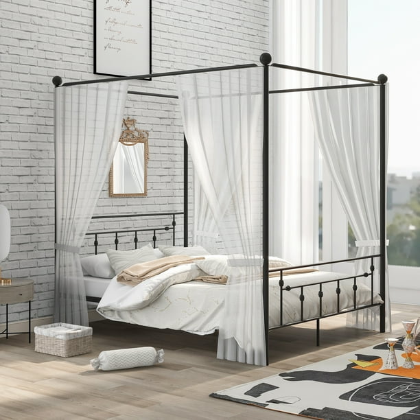 Metal Canopy Platform Bed Frame No Box Spring Needed Slat Mattress Support Easy Assembly Queen Black Com Metal Canopy Platform Bed Frame No, King Size Four Poster Metal Bed Frame