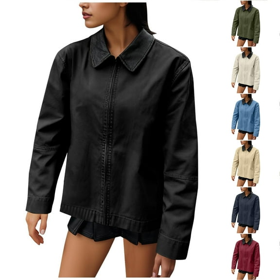 Otntypg Women Barn Jackets 2025 Fall Trendy Contrast Collar Jacket Coat Casual Oversized Zip-Up Long Sleeve Outerwear with Pockets Black M