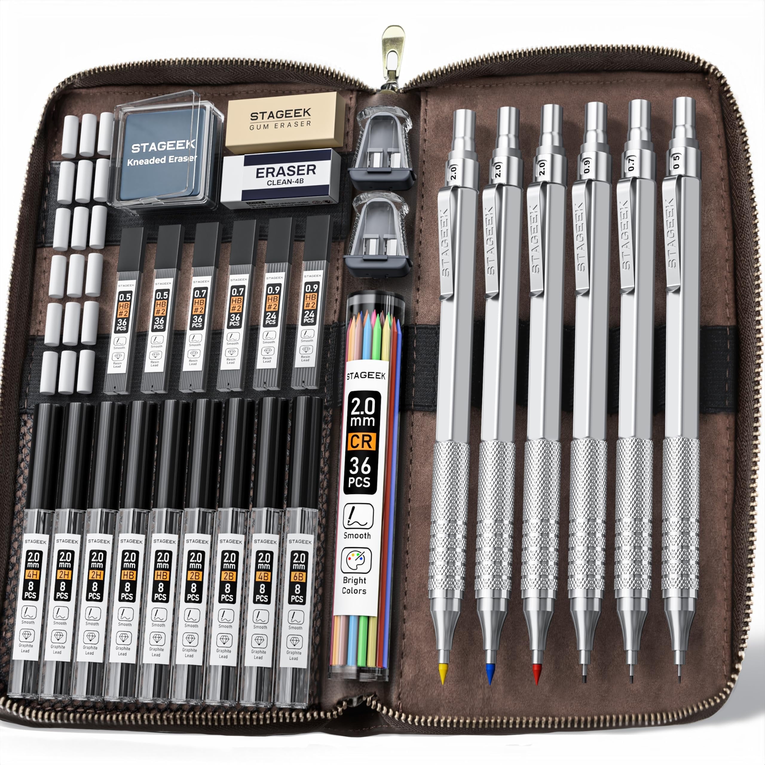 Nicpro Blocky Gear Metal Mechanical Pencil Set in Leather Case