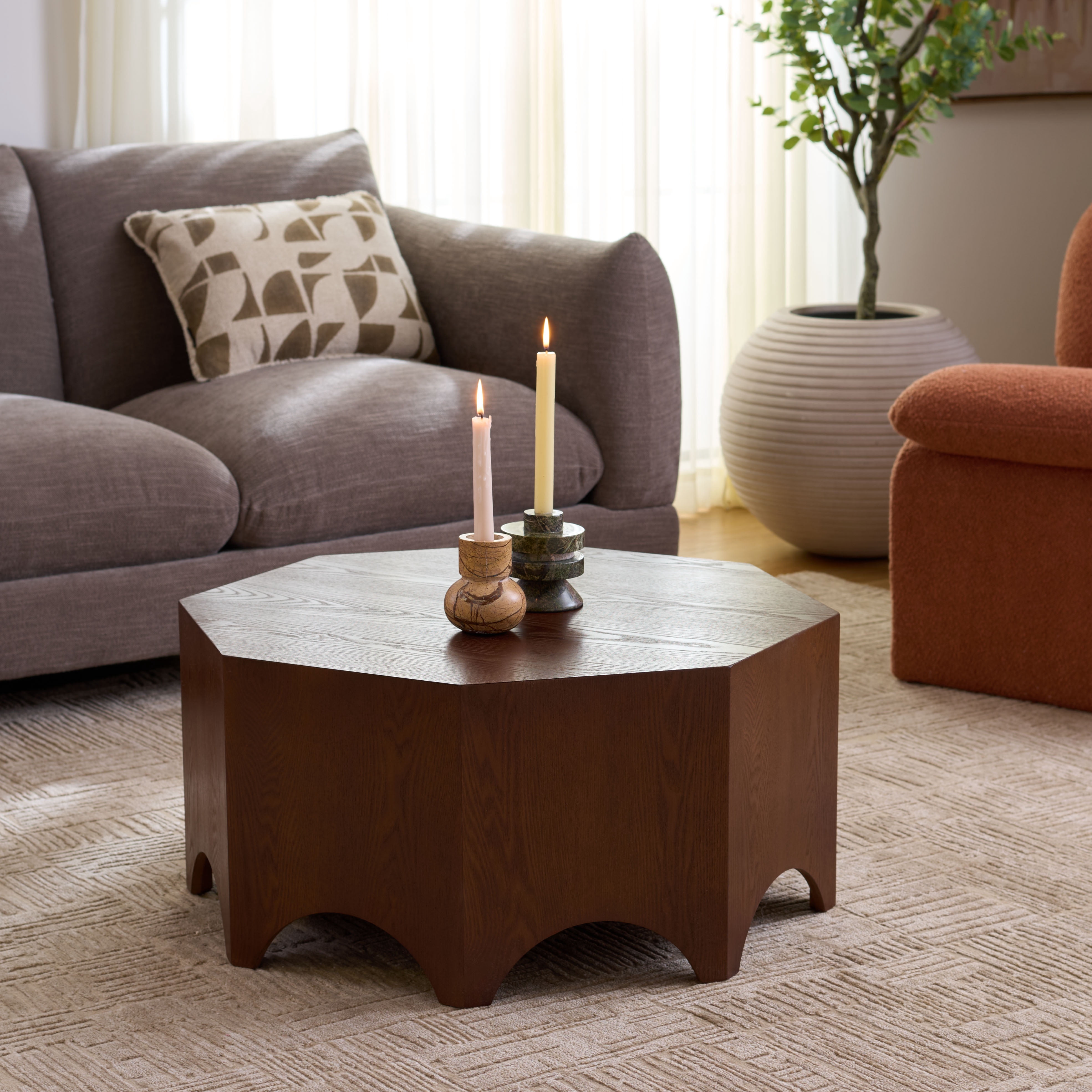 Safavieh Maraki Glam Octagon Ash Veneer Coffee Table, Walnut