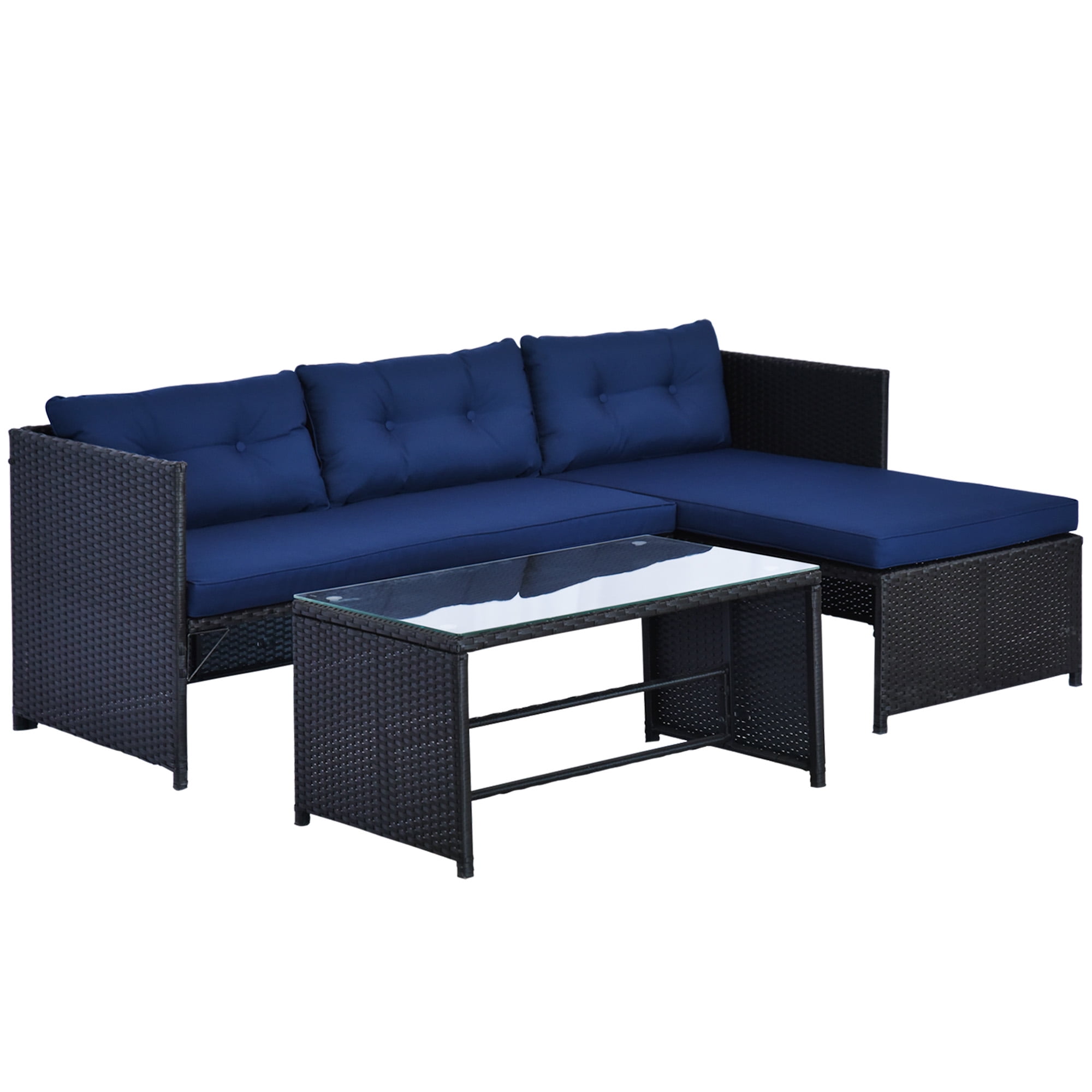Outsunny 3 Piece Patio Furniture Set, Rattan Outdoor Sofa Set with Chaise Lounge & Loveseat, Soft Cushions, Table, L-Shaped Sectional Couch, Blue