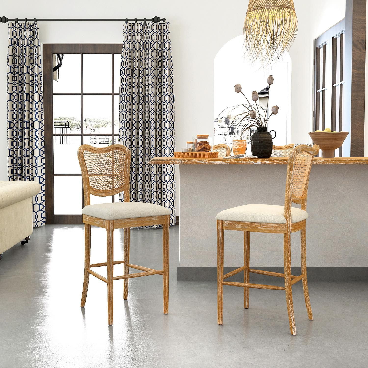 High Dining Chairs Set of 2, Upholstered Side Chairs with Cane Back & Wooden Legs, Mid Century Modern Designed Chairs Living Room Kitchen Chairs