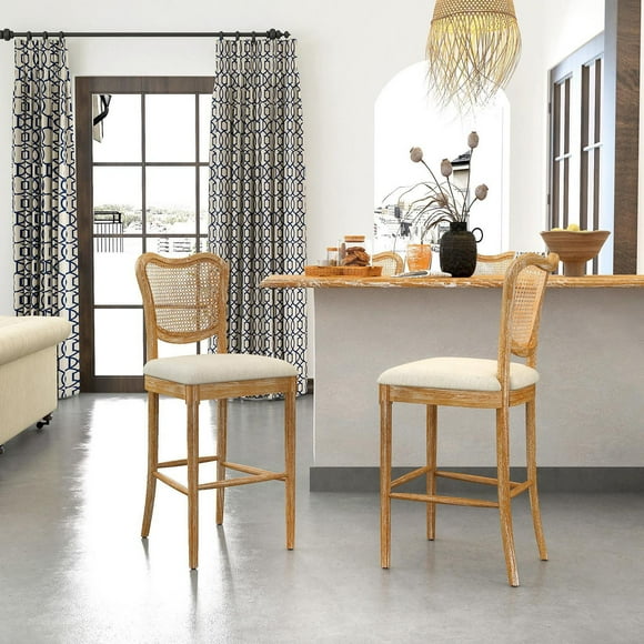 High Dining Chairs Set of 2, Upholstered Side Chairs with Cane Back & Wooden Legs, Mid Century Modern Designed Chairs Living Room Kitchen Chairs