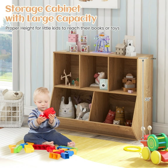 Amijoy 5-Cubby Kids Toy Storage Organizer, Wooden Children Bookcase Bookshelf with Footboard, Anti-Tipping Kits