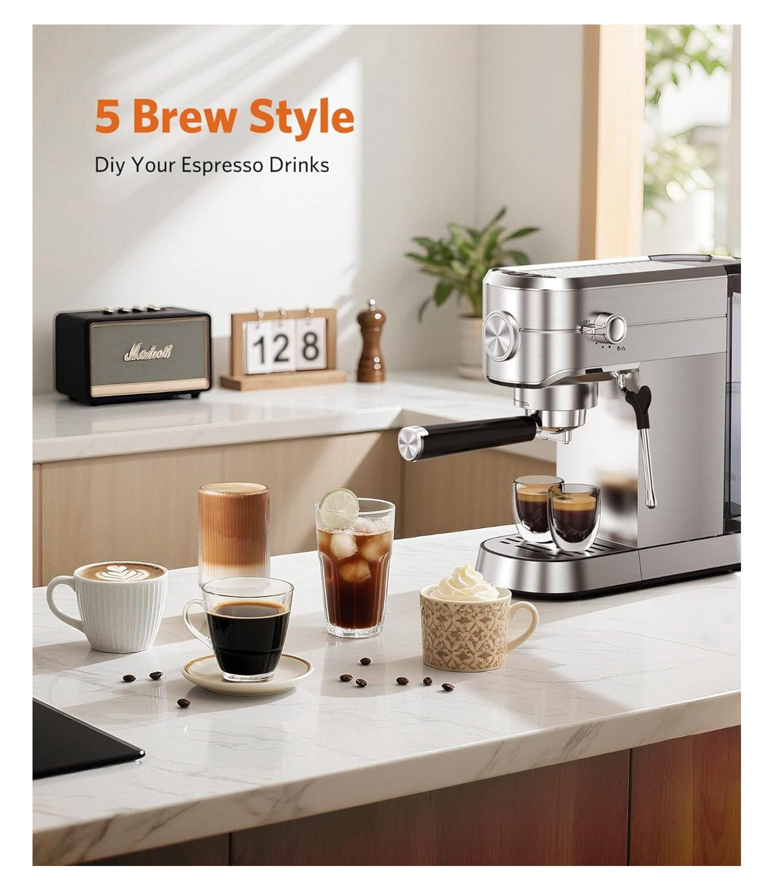 Espresso Machine 20 Bar,Compact Espresso Machine with Milk Frother,Stainless Steel Coffee Maker with 40 oz Removable Water for Cappuccino,Latte