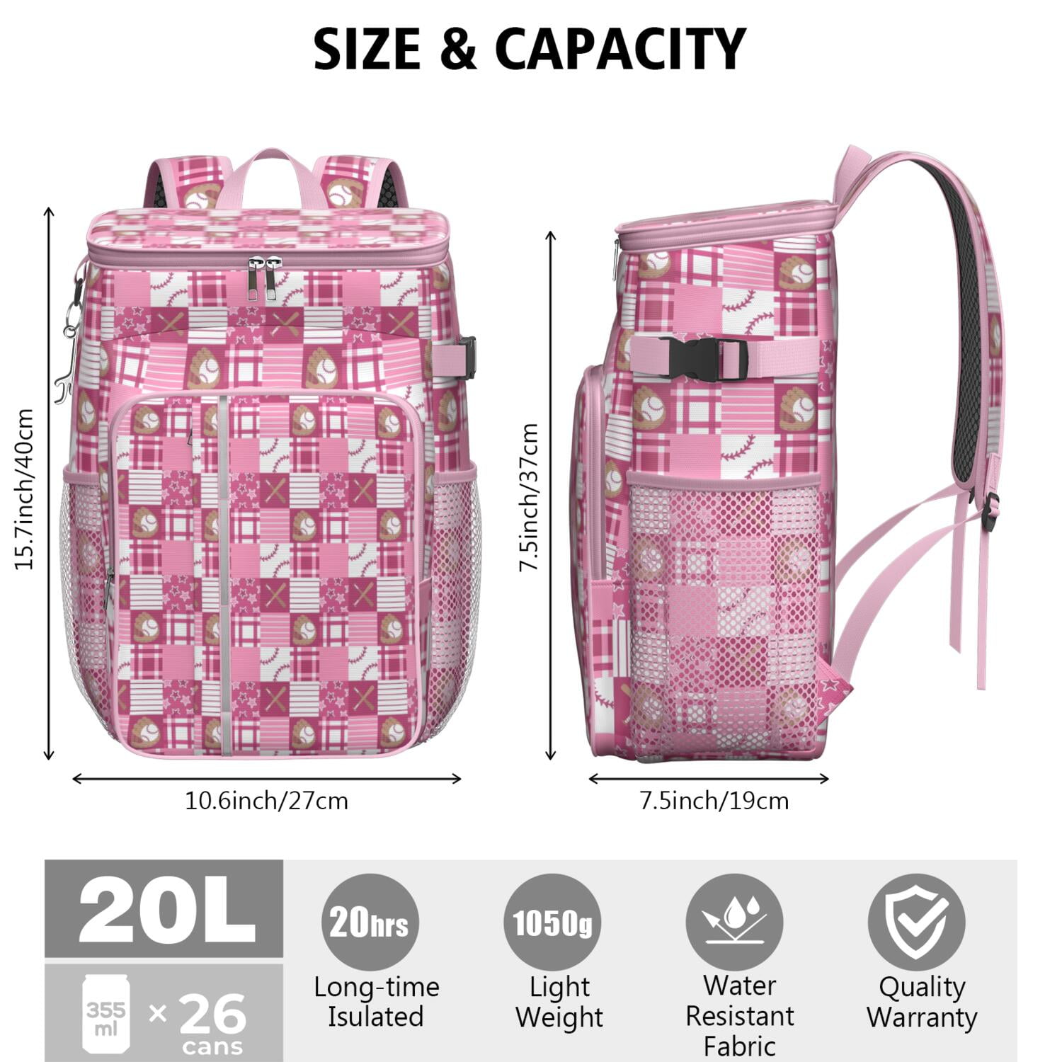 Travel Cooler Bag - Pink Plaid Baseball Pattern Camping Beer Cooler Backpack with Bottle Opener- Waterproof Insulated Picnic Backpacks - Cooler Bag for Beach