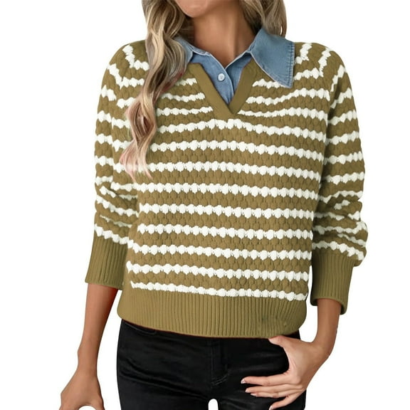 Womens Striped Sweater Knit Lapel Collar Long Sleeve Layered Pull over Sweaters Comfy Denim Winter Top (S, Yellow)