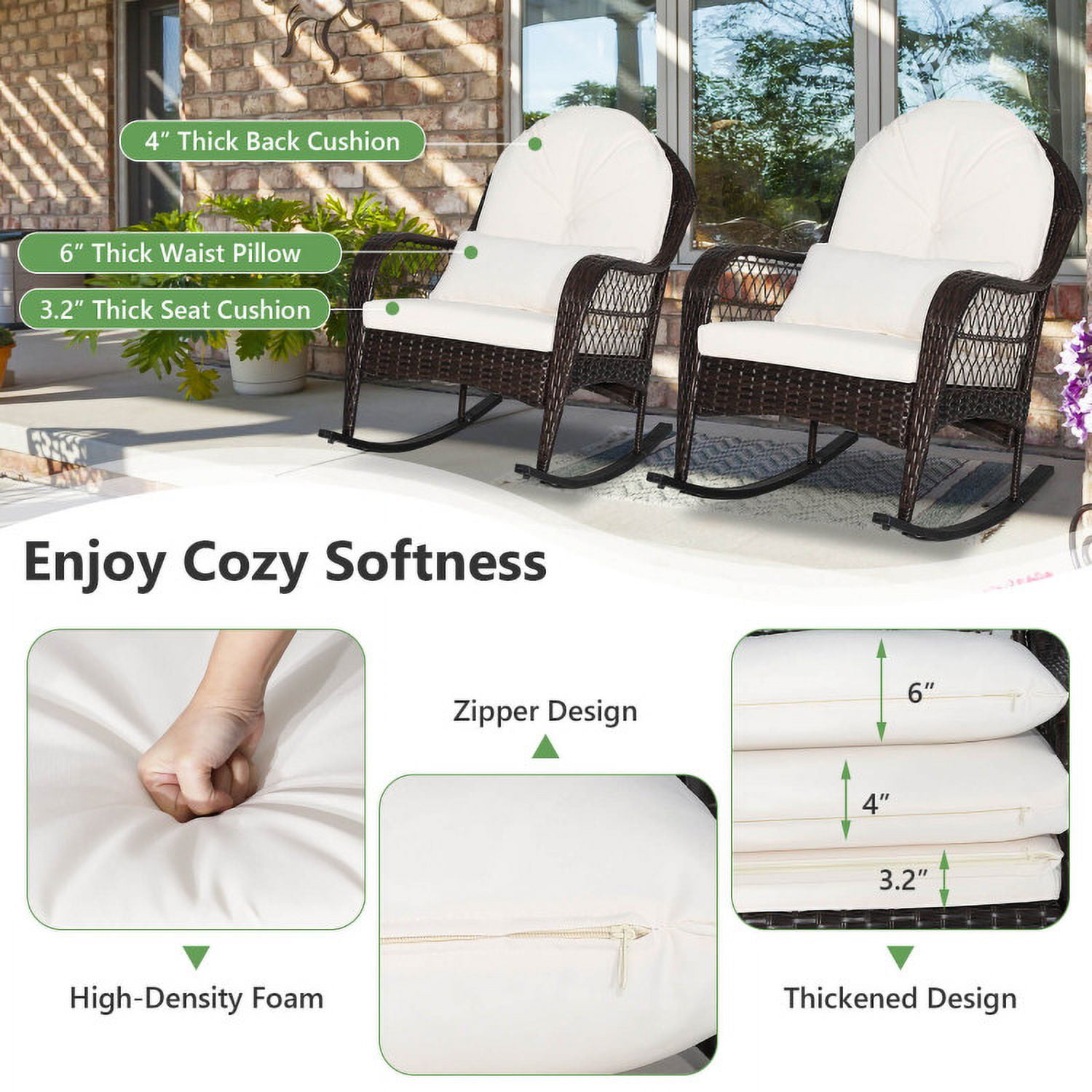 Aimee Lii Outdoor Rocking Chair with Cushion, Wooden Patio Rocker Chair for Lawn, Porch and Garden, White