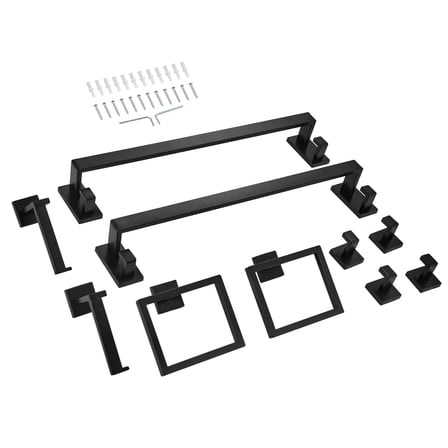 KFFKFF Matte Black Bathroom Hardware Set, 10-Piece Bathroom Accessories Kit, Includes 2 Stainless Steel 24-inch Towel Bars, 2 Towel Racks, 4 Robe Hooks, 2 Toilet Paper Holders, Wall-Mounted Design
