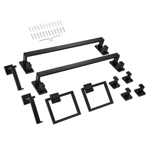 KFFKFF Matte Black Bathroom Hardware Set, 10-Piece Bathroom Accessories Kit, Includes 2 Stainless Steel 24-inch Towel Bars, 2 Towel Racks, 4 Robe Hooks, 2 Toilet Paper Holders, Wall-Mounted Design